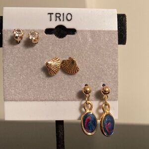 Gold Earring Set with Blue & Pink Oval Drops